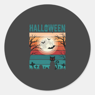 Halloween Zwarte Kat Maan Kerkhof Retro Vector Af Ronde Sticker