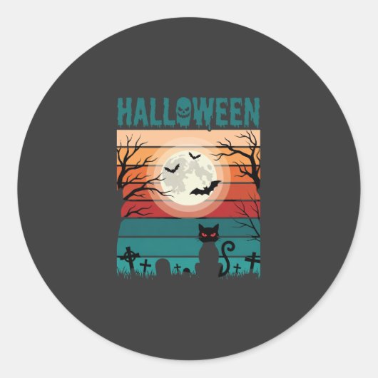 Halloween Zwarte Kat Maan Kerkhof Retro Vector Af Ronde Sticker (Voorkant)