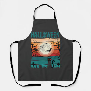 Halloween Zwarte Kat Maan Kerkhof Retro Vector Af Schort