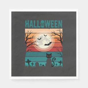 Halloween Zwarte Kat Maan Kerkhof Retro Vector Af Servet