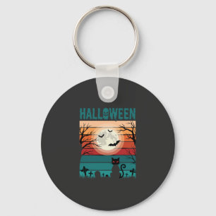 Halloween Zwarte Kat Maan Kerkhof Retro Vector Af Sleutelhanger