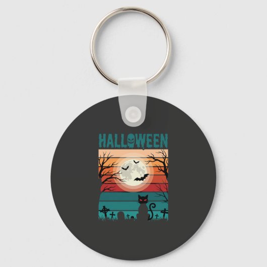 Halloween Zwarte Kat Maan Kerkhof Retro Vector Af Sleutelhanger (Voorkant)