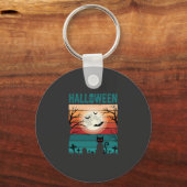 Halloween Zwarte Kat Maan Kerkhof Retro Vector Af Sleutelhanger (Voorkant)