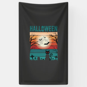 Halloween Zwarte Kat Maan Kerkhof Retro Vector Af Spandoek