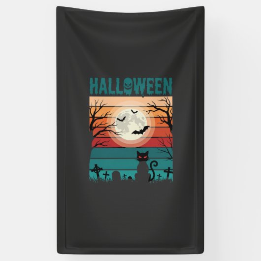 Halloween Zwarte Kat Maan Kerkhof Retro Vector Af Spandoek (Verticaal)