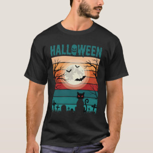 Halloween Zwarte Kat Maan Kerkhof Retro Vector Af T-shirt