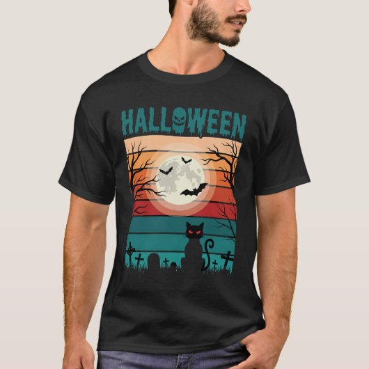 Halloween Zwarte Kat Maan Kerkhof Retro Vector Af T-shirt (Voorkant)