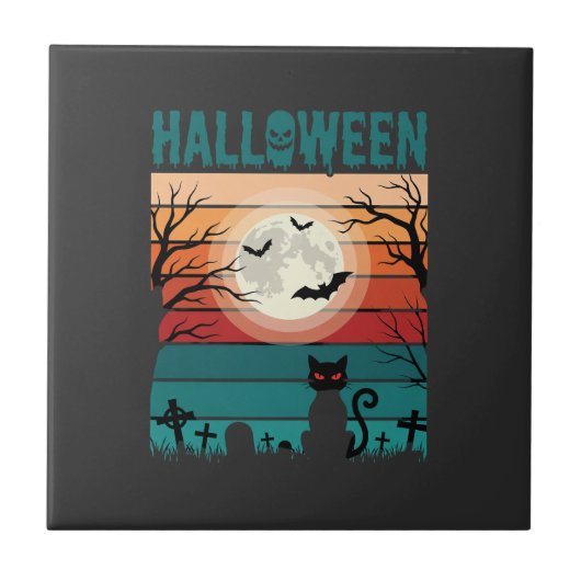 Halloween Zwarte Kat Maan Kerkhof Retro Vector Af Tegeltje (Voorkant)
