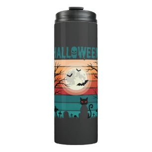 Halloween Zwarte Kat Maan Kerkhof Retro Vector Af Thermosbeker