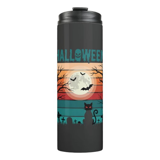 Halloween Zwarte Kat Maan Kerkhof Retro Vector Af Thermosbeker (Voorkant)