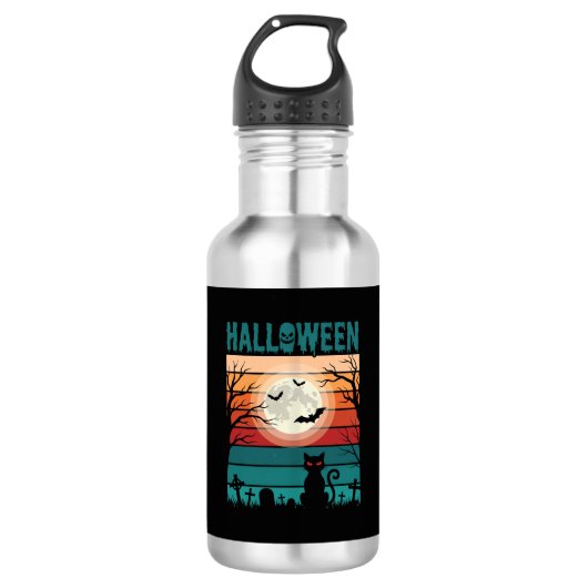 Halloween Zwarte Kat Maan Kerkhof Retro Vector Af Waterfles (Voorkant)