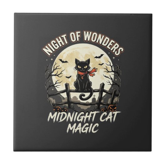 Halloween Zwarte Kat Maanlicht Tegeltje (Voorkant)