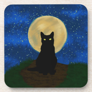 Halloween Zwarte Kat Maanverlichte Silhouet Bier Onderzetter