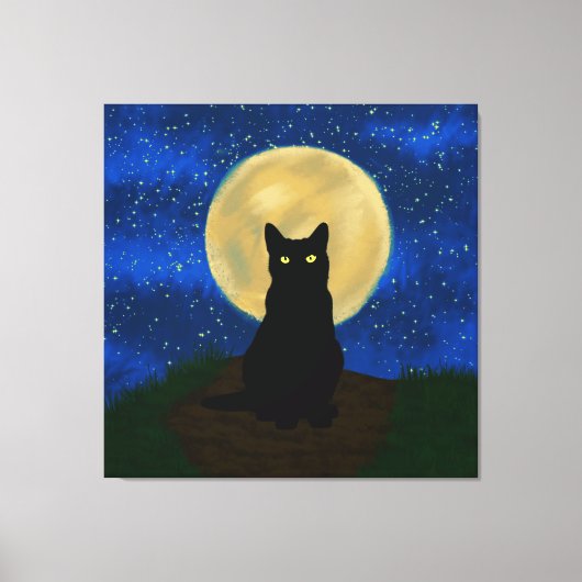 Halloween Zwarte Kat Maanverlichte Silhouet Canvas Afdruk (Voorkant)