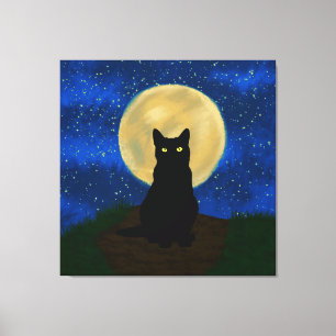 Halloween Zwarte Kat Maanverlichte Silhouet Canvas Afdruk