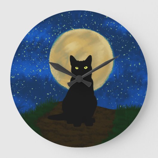 Halloween Zwarte Kat Maanverlichte Silhouet Grote Klok (Voorkant)