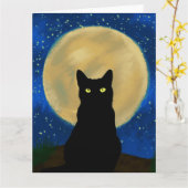 Halloween Zwarte Kat Maanverlichte Silhouet Kaart (Gele Bloem)