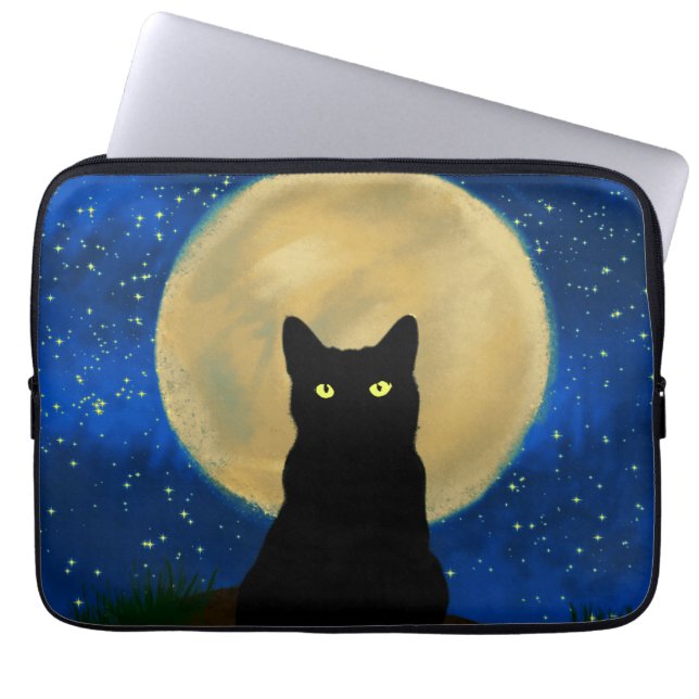 Halloween Zwarte Kat Maanverlichte Silhouet Laptop Sleeve (Voorkant)