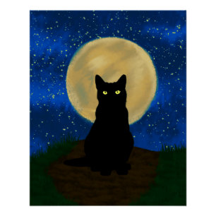 Halloween Zwarte Kat Maanverlichte Silhouet Perfect Poster