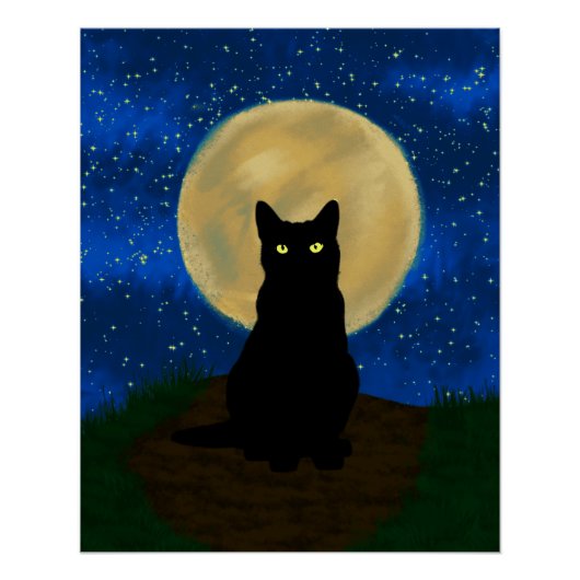 Halloween Zwarte Kat Maanverlichte Silhouet Perfect Poster (Voorkant)