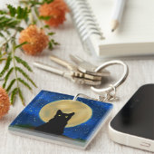 Halloween Zwarte Kat Maanverlichte Silhouet Sleutelhanger (Voorkant Rechts)