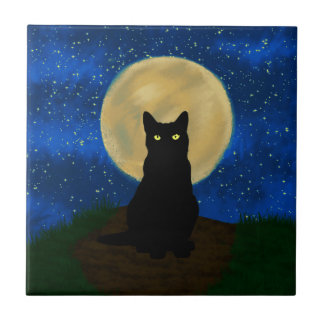 Halloween Zwarte Kat Maanverlichte Silhouet Tegeltje