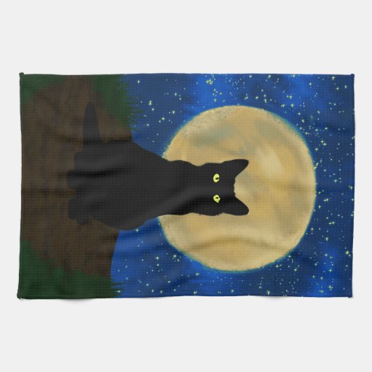Halloween Zwarte Kat Maanverlichte Silhouet Theedoek (Horizontaal)