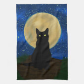 Halloween Zwarte Kat Maanverlichte Silhouet Theedoek (Verticaal)