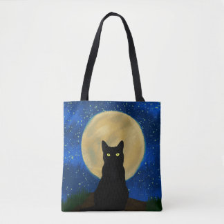 Halloween Zwarte Kat Maanverlichte Silhouet Tote Bag