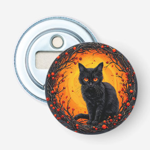 Halloween Zwarte Kat met Gloeiende Ogen Button Flesopener