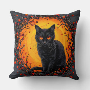Halloween Zwarte Kat met Gloeiende Ogen Kussen