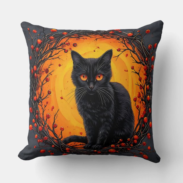 Halloween Zwarte Kat met Gloeiende Ogen Kussen (Voorkant)
