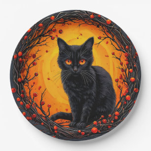 Halloween Zwarte Kat met Gloeiende Ogen Papieren Bordje