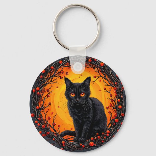 Halloween Zwarte Kat met Gloeiende Ogen Sleutelhanger (Voorkant)