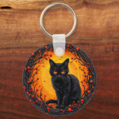 Halloween Zwarte Kat met Gloeiende Ogen Sleutelhanger (Achterkant)