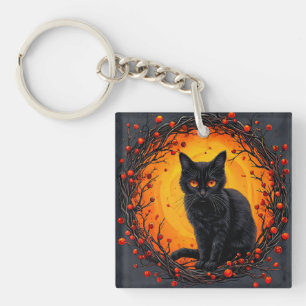 Halloween Zwarte Kat met Gloeiende Ogen Sleutelhanger