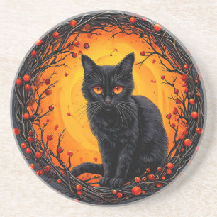 Halloween Zwarte Kat met Gloeiende Ogen Zandsteen Onderzetter