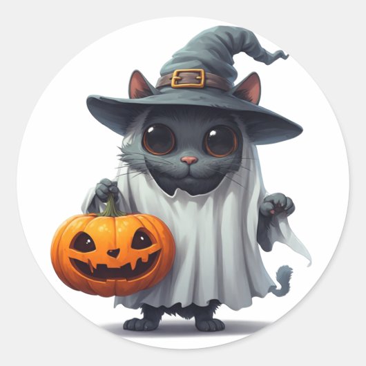 Halloween Zwarte Kat met Pompoen Accent 👻 Ronde Sticker (Voorkant)