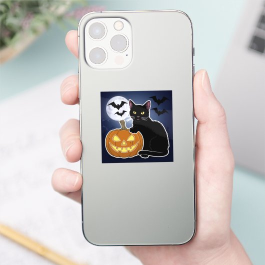 Halloween zwarte kat met pompoen sticker (Telefoon)