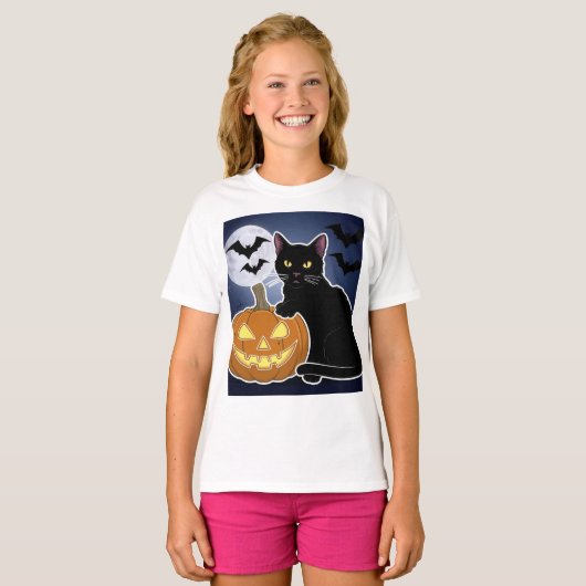 Halloween zwarte kat met pompoen t-shirt (Voorkant volledig)