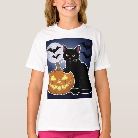 Halloween zwarte kat met pompoen t-shirt (Voorkant)