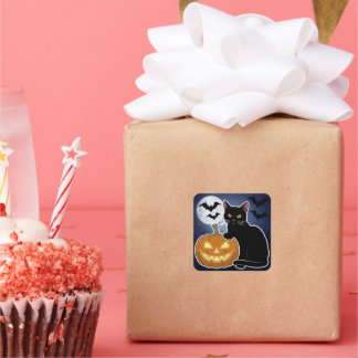 Halloween zwarte kat met pompoen vierkante sticker