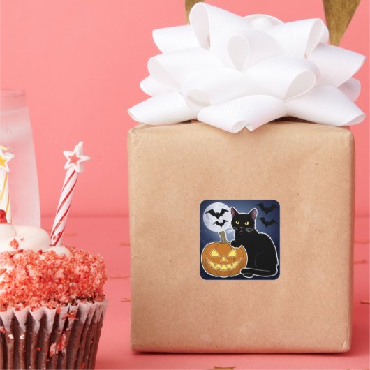 Halloween zwarte kat met pompoen vierkante sticker (Feest)