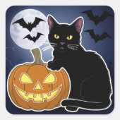 Halloween zwarte kat met pompoen vierkante sticker (Voorkant)