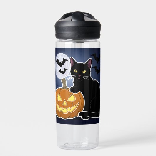 Halloween zwarte kat met pompoen waterfles (Voorkant)