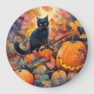 Halloween Zwarte Kat Met Pompoenen Angstaanjagende Grote Klok