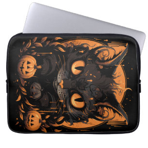 Halloween zwarte kat met pompoenen en maan laptop sleeve