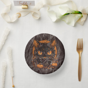 Halloween zwarte kat met pompoenen en maan papieren kommen