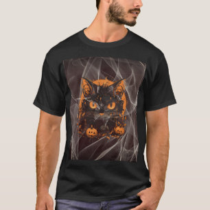 Halloween zwarte kat met pompoenen en maan t-shirt
