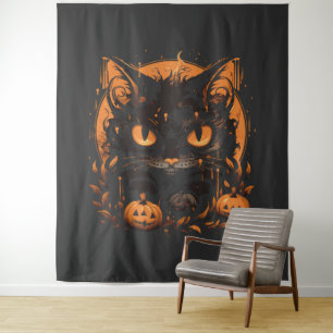 Halloween zwarte kat met pompoenen en maan wandkleed
